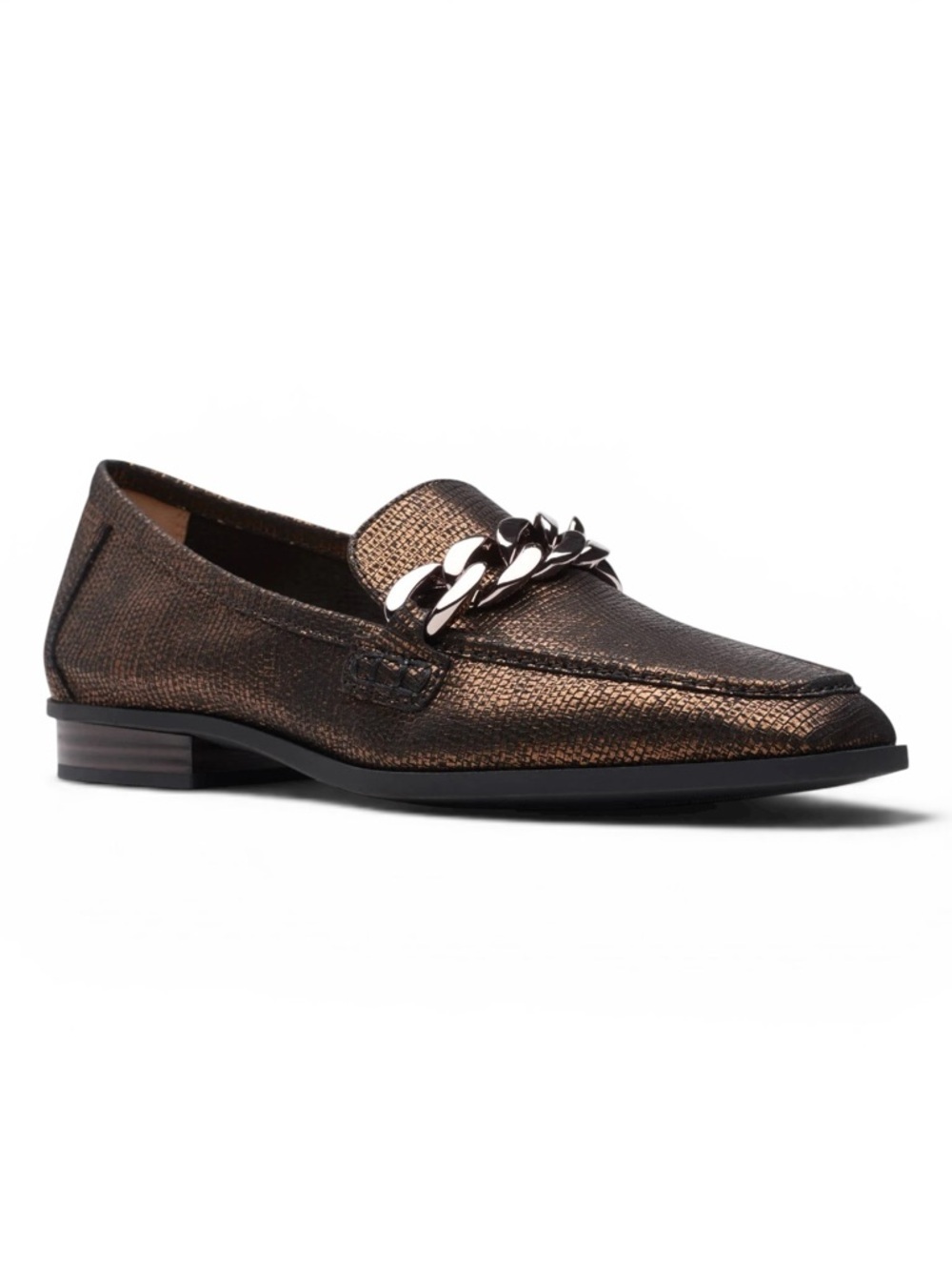 CLARKS COLLECTION SARAFYNA IRIS BLACK BRONZE METALLIC CHAIN LOAFER FLAT 8 WIDE